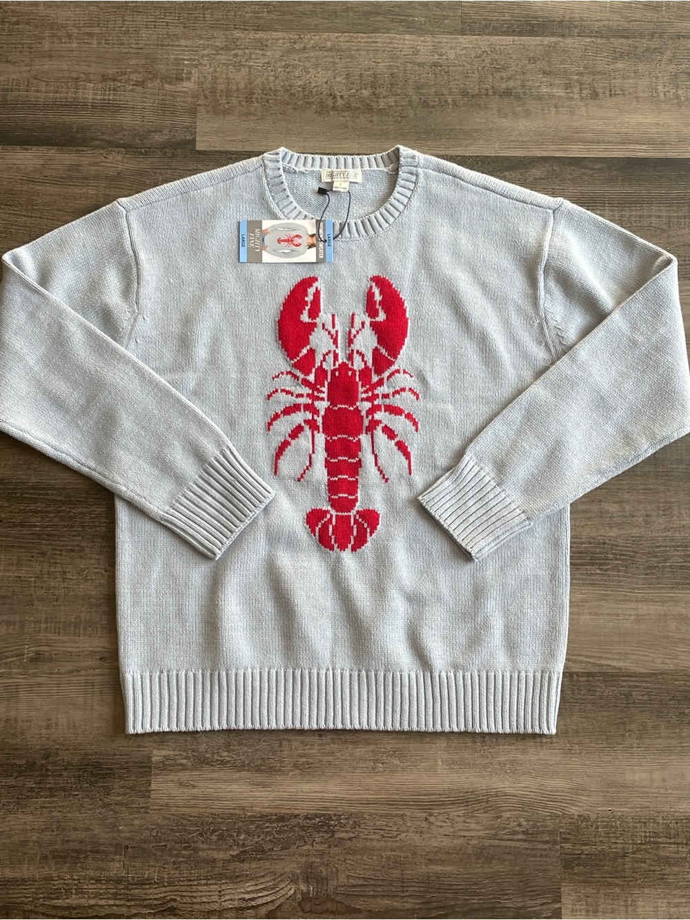 Mighty Fine Pale Blue Crewneck Sweater with Red Lobster Motif